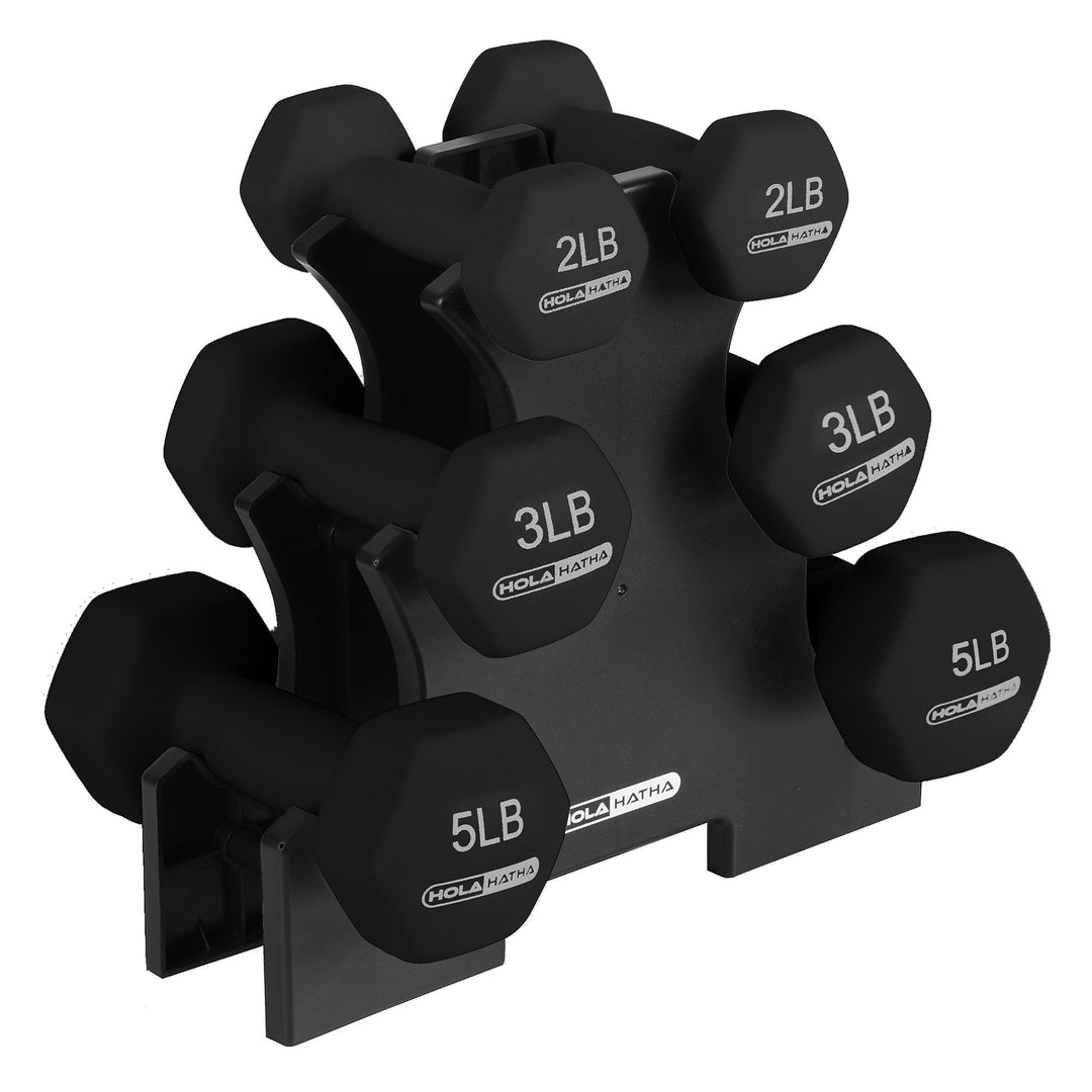 HolaHatha 2, 3, and 5 Pound Neoprene Dumbbell Free Hand Weight Set w/Rack, Black