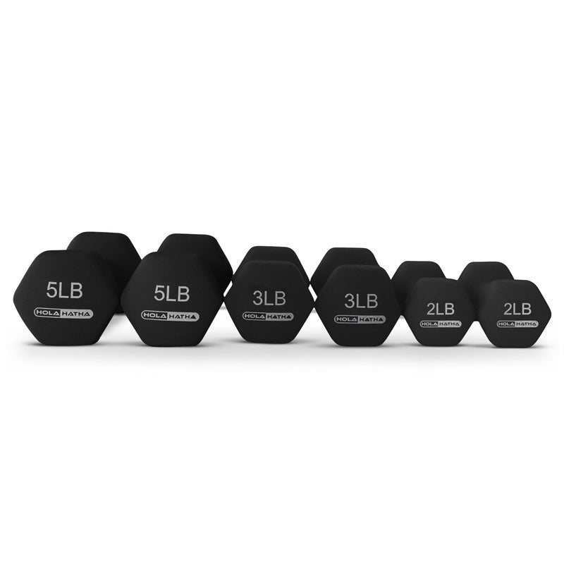 HolaHatha 2, 3, and 5 Pound Neoprene Dumbbell Free Hand Weight Set w/Rack, Black