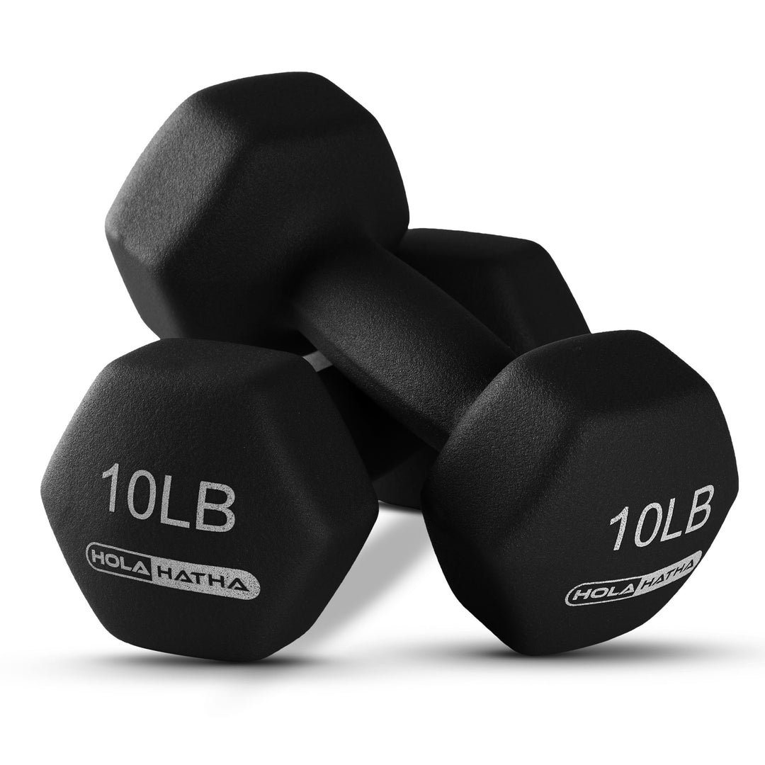 HolaHatha Neoprene Coated Dumbbell Free Hand Weight Set with Storage Rack, Black