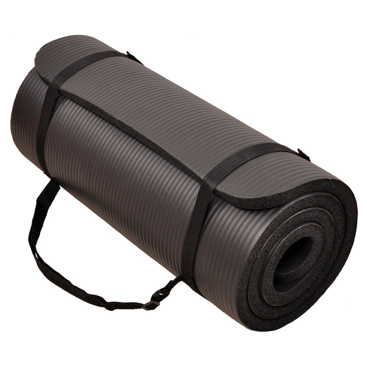 Signature Fitness 1" Extra Thick Exercise Mat w/ Carry Strap, Black (Open Box) - VMInnovations