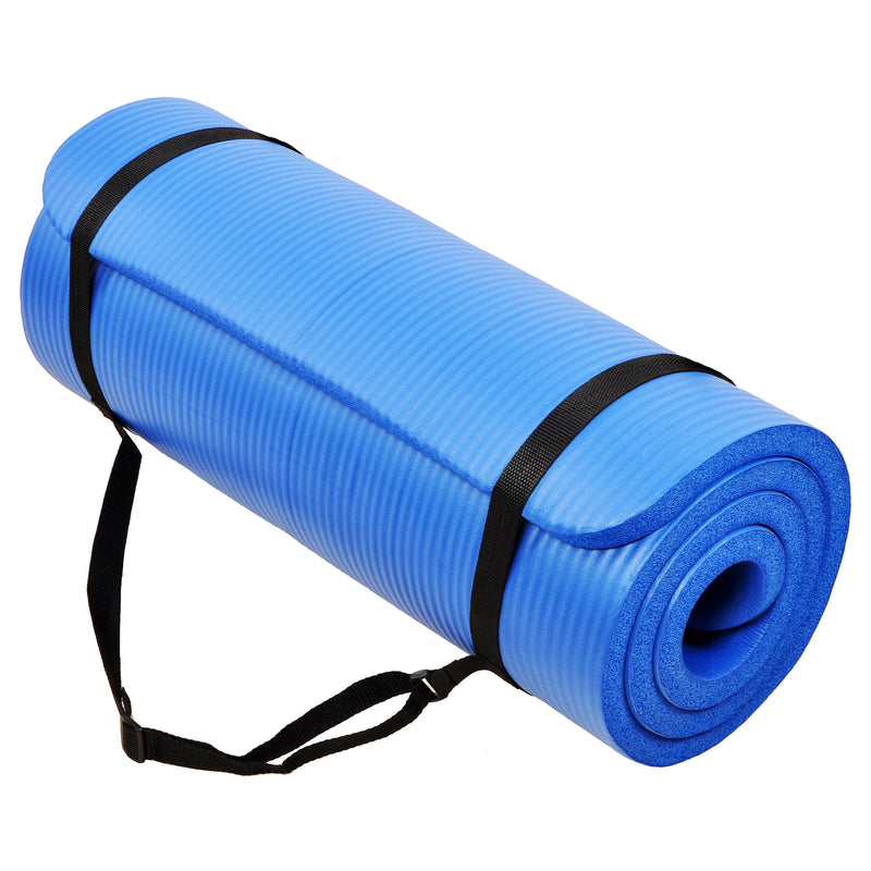 Signature Fitness 1" Extra Thick Exercise Fitness Yoga Mat w/ Carry Strap, Blue