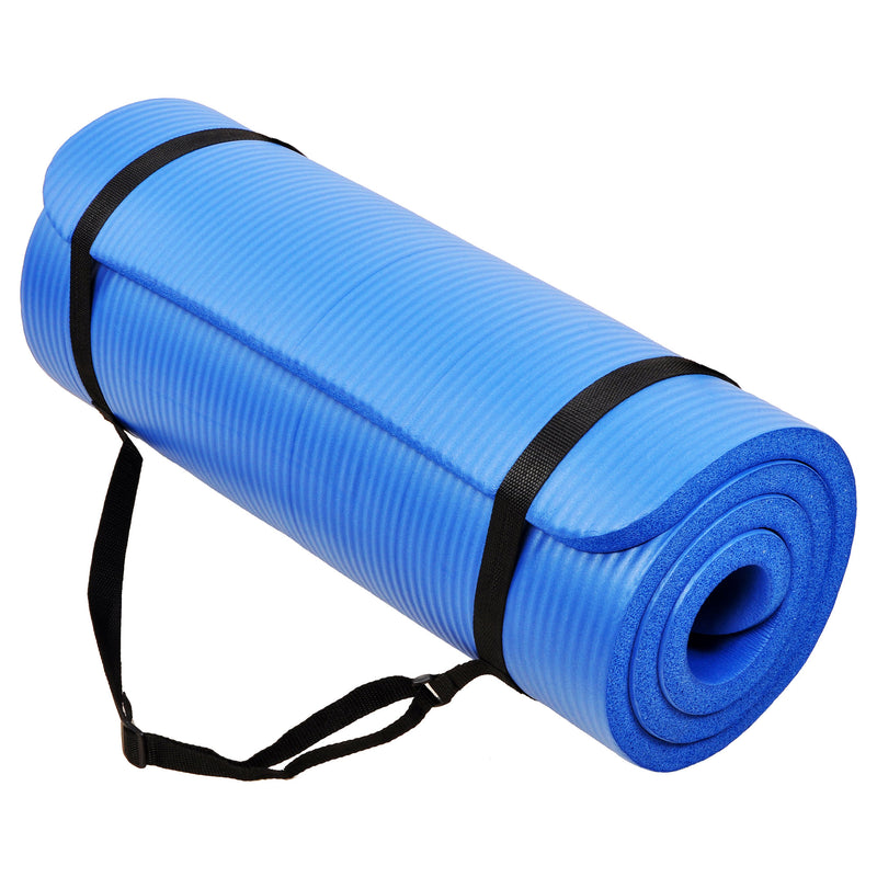 Signature Fitness 1" Extra Thick Fitness Yoga Mat w/ Carry Strap, Blue(Open Box)