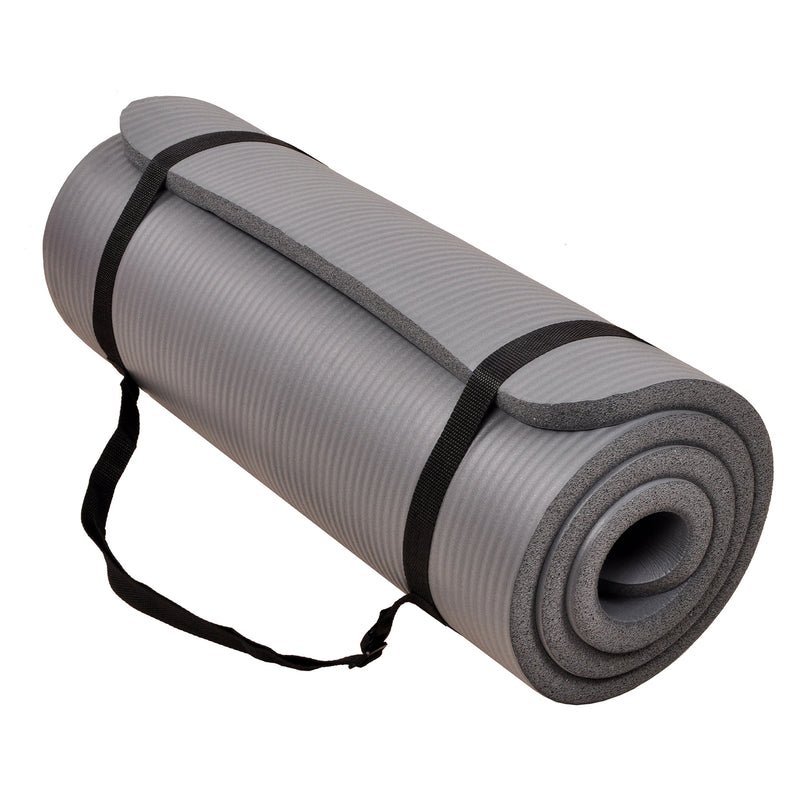 Signature Fitness 1" Extra Thick Exercise Fitness Yoga Mat w/ Carry Strap, Gray