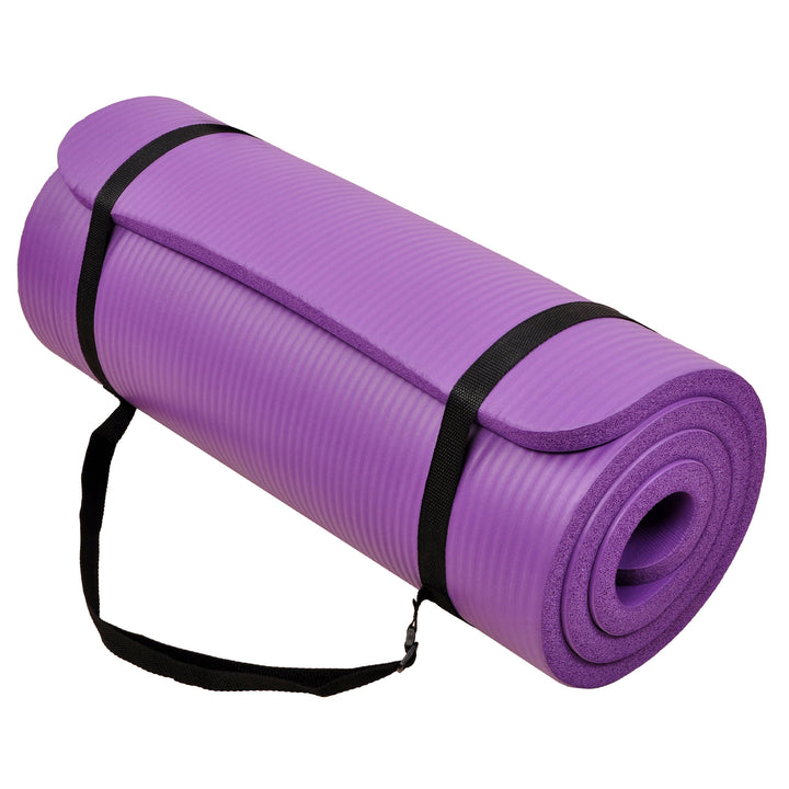 Signature Fitness 1" Extra Thick Exercise Fitness Yoga Mat & Carry Strap, Purple