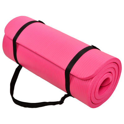 Signature Fitness 1" Extra Thick Exercise Fitness Yoga Mat w/ Carry Strap, Pink