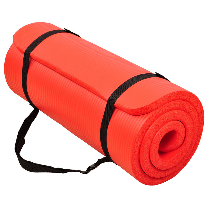 Signature Fitness 1" Extra Thick Exercise Fitness Yoga Mat w/ Carry Strap, Red