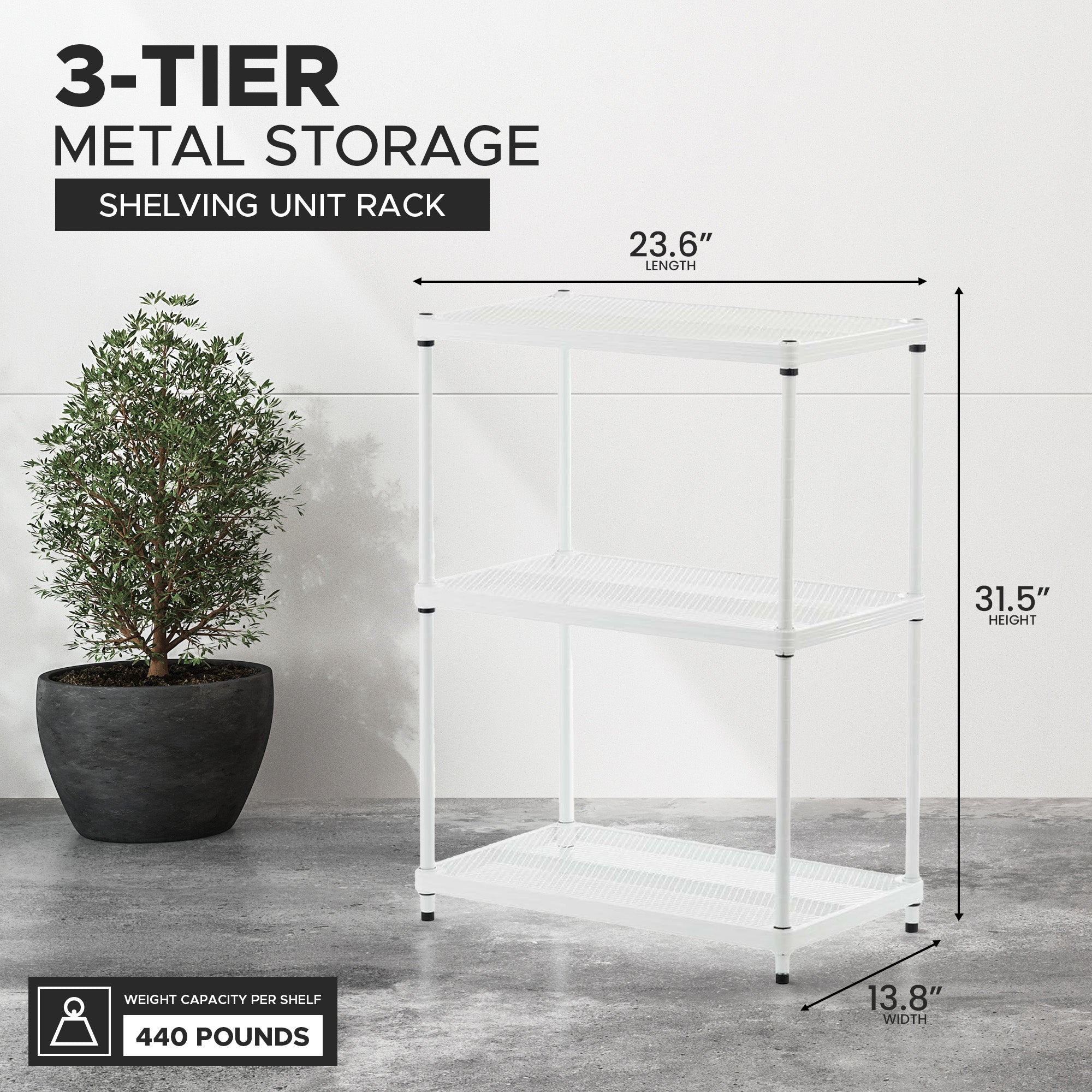 Design Ideas 3 Tier Full-Size Metal Storage Shelving Unit Rack, White (Used) - VMInnovations