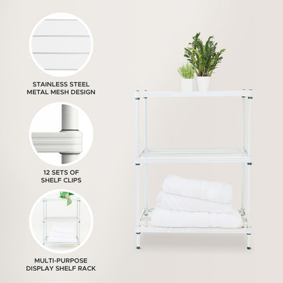 Design Ideas MeshWorks 3 Tier Full-Size Metal Storage Shelving Unit Rack, White