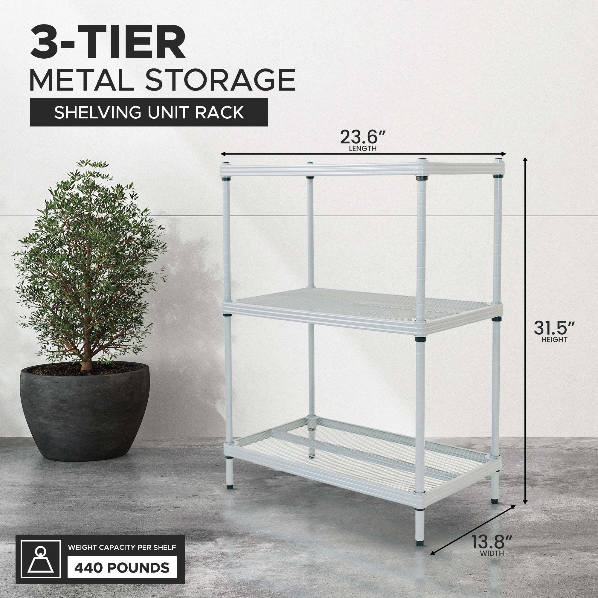 Design Ideas 3 Tier Full-Size Metal Storage Shelving Unit Rack, Silver(Open Box) - VMInnovations