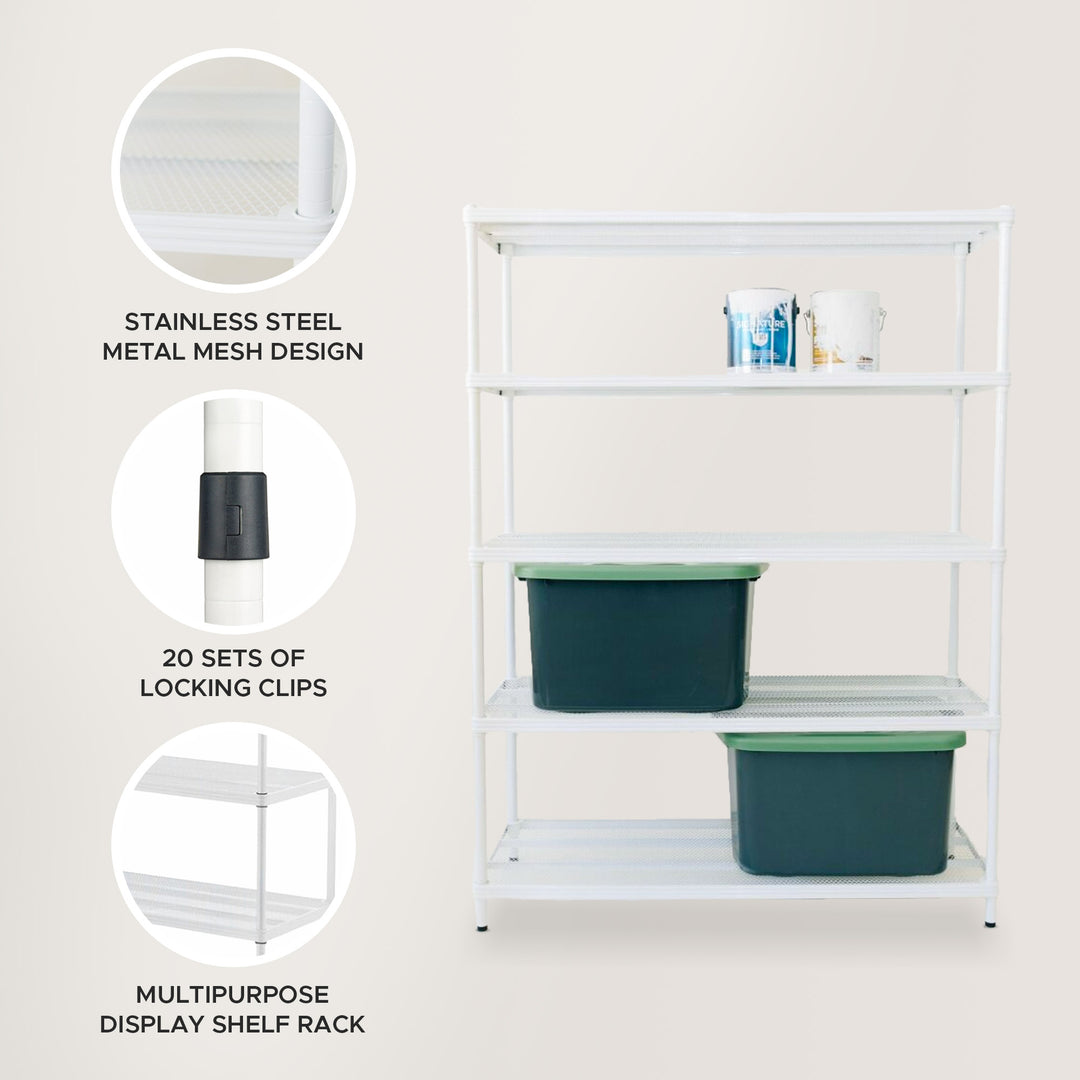 Design Ideas MeshWorks 5 Tier Shelving Unit Rack, Metal Storage Shelves, White