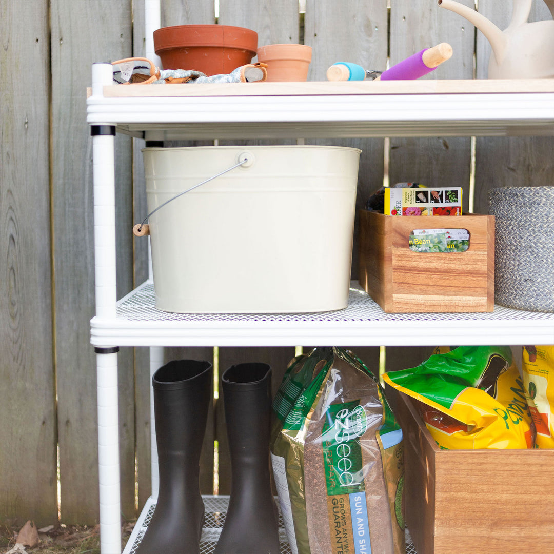 Design Ideas MeshWorks Metal Storage Utility Wood Top Shelving Unit Rack, White