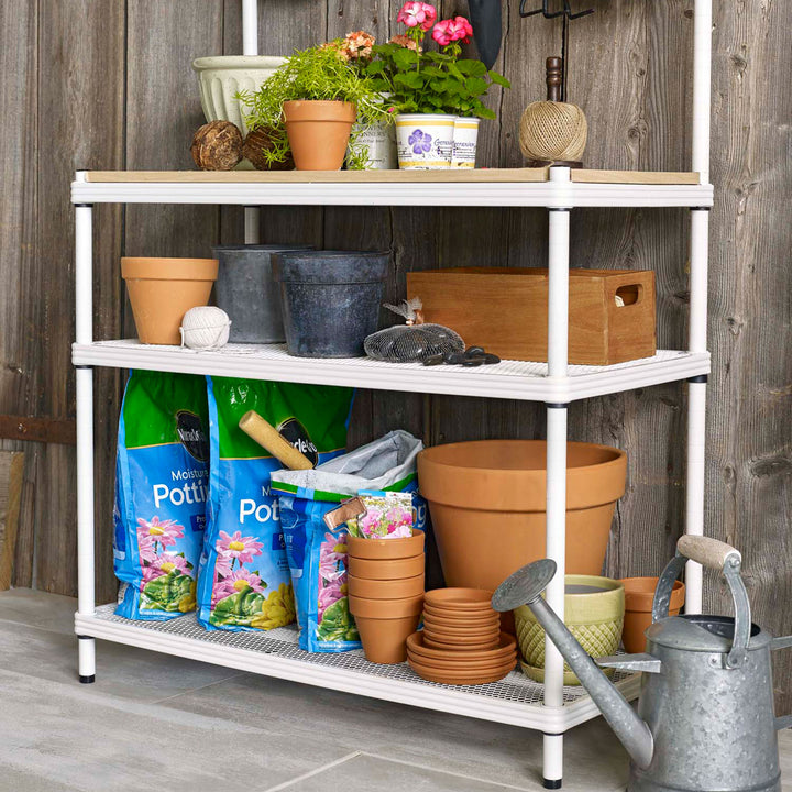 Design Ideas MeshWorks Metal Storage Utility Wood Top Shelving Rack, Green(Used) - VMInnovations