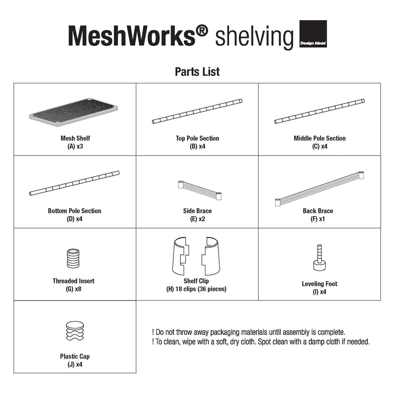 Design Ideas MeshWorks 3 Tier Metal Bathroom Storage Shelving Unit Rack, White