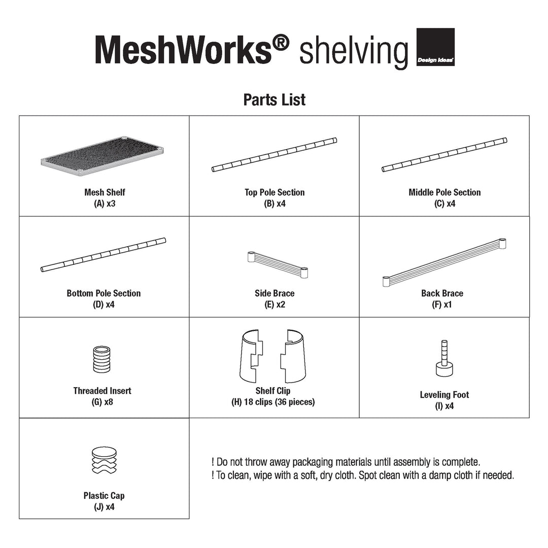 Design Ideas MeshWorks 3 Tier Metal Bathroom Storage Shelving Unit Rack, White