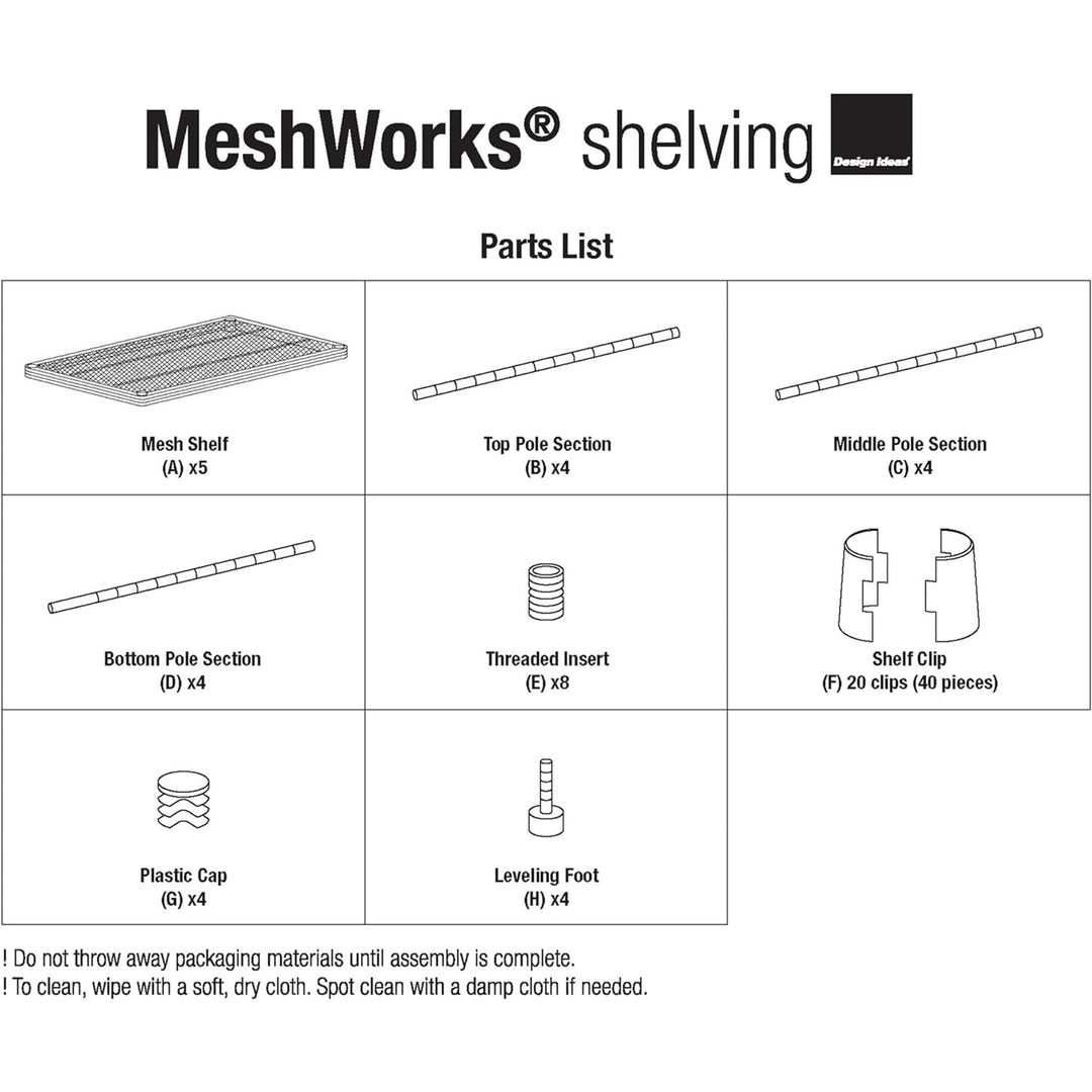 Design Ideas MeshWorks 5 Tier Metal Storage Shelving Unit Rack Bookshelf, White