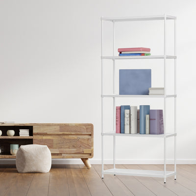 Design Ideas MeshWorks 5 Tier Metal Storage Shelving Unit Rack Bookshelf, White - VMInnovations