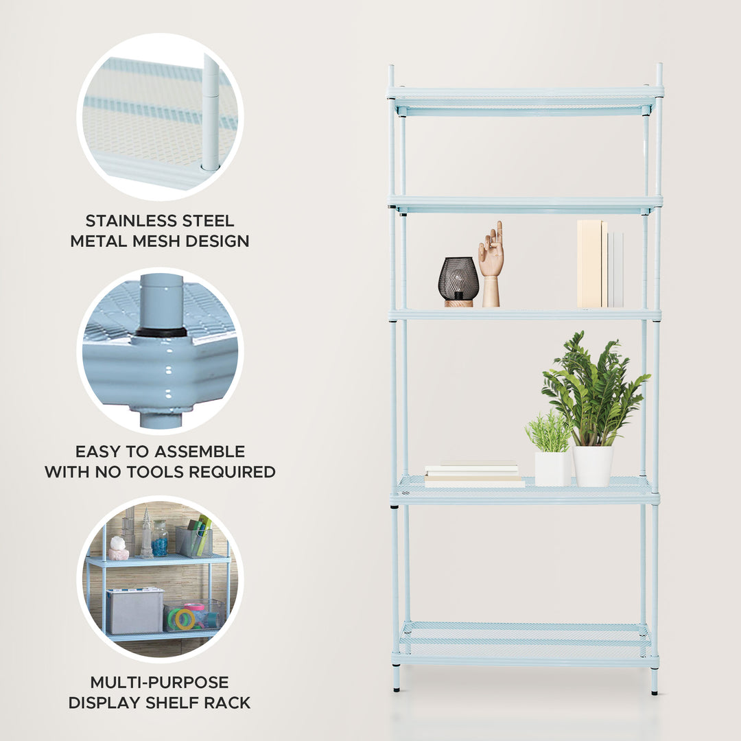 Design Ideas MeshWorks 5 Tier Metal Storage Shelving Unit Rack Bookshelf, Blue