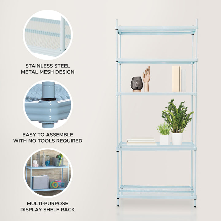 Design Ideas MeshWorks 5 Tier Metal Storage Shelving Unit Rack Bookshelf, Blue