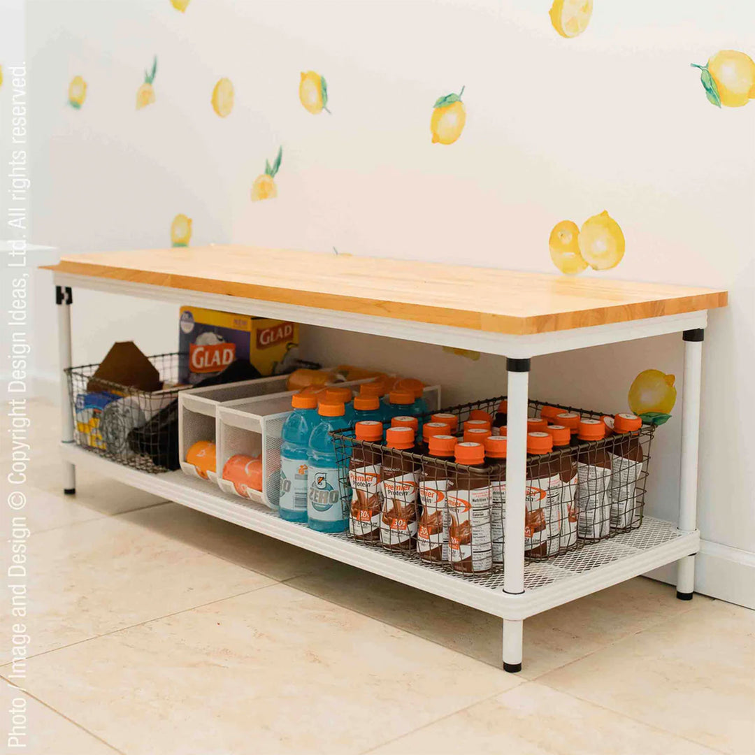 Design Ideas MeshWorks 2 Tier Wood Top Metal Storage Shelving Unit Rack, White - VMInnovations