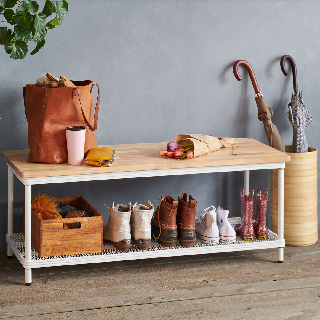Design Ideas MeshWorks 2 Tier Wood Top Metal Storage Shelving Unit Rack, White - VMInnovations