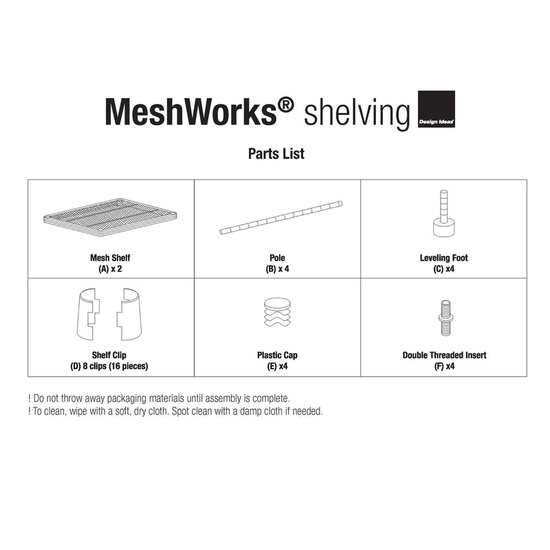Design Ideas MeshWorks 2 Tier Full-Size Metal Storage Shelving Unit Rack, White