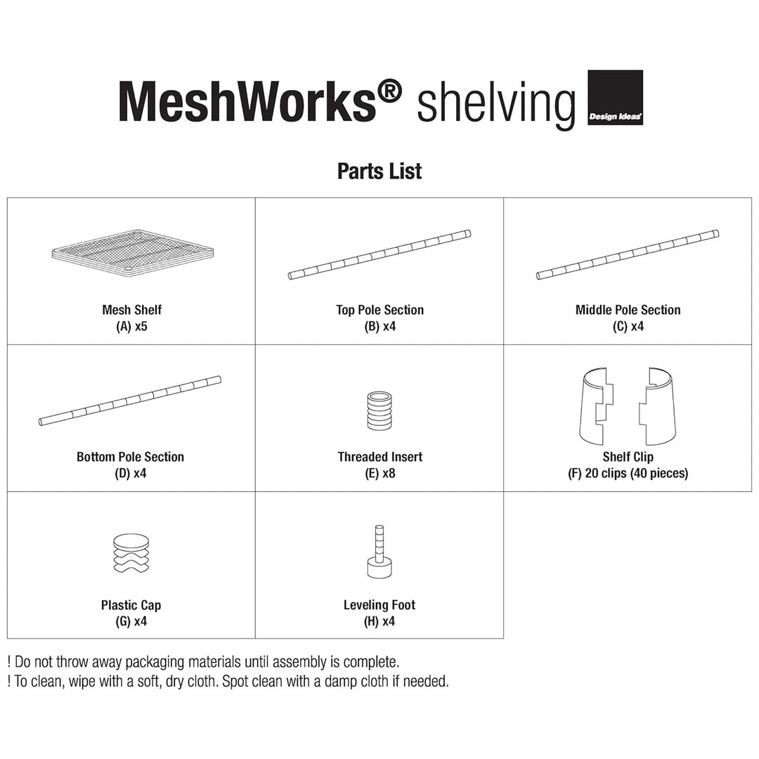 Design Ideas MeshWorks 5 Tier Tower Metal Shelving Unit Rack, White (Open Box) - VMInnovations