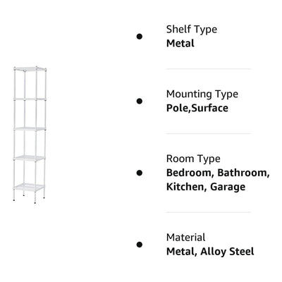 Design Ideas 5 Tier Tower Metal Storage Shelving Unit Rack, White (For Parts)