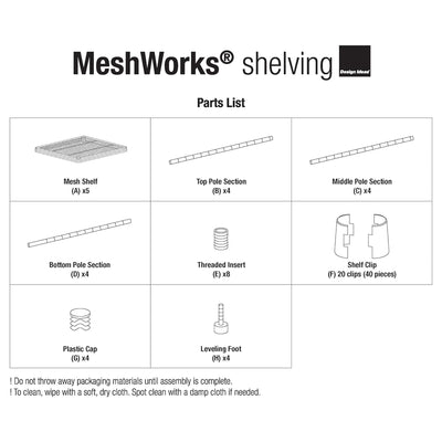 Design Ideas MeshWorks 5 Tier Tower Metal Storage Shelving Unit Rack, Silver - VMInnovations