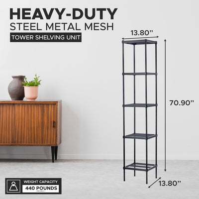 Design Ideas MeshWorks 5 Tier Tower Metal Storage Shelving Unit Rack, Black