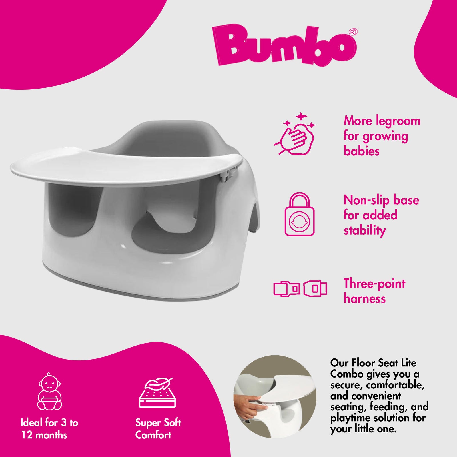 Bumbo Floor Seat LITE Combo with Detachable Feeding Playtime Tray Accessory - VMInnovations