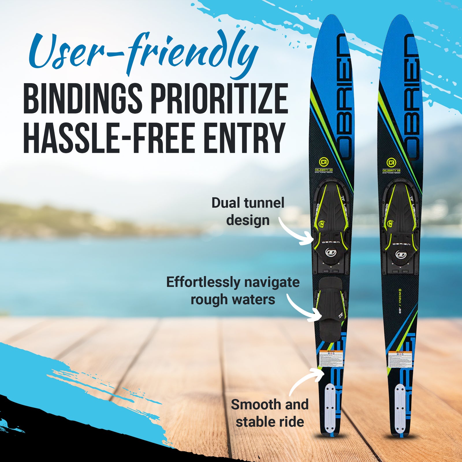 O'Brien Celebrity Combo Waterskis with Side Cut Bevel for Water Sports, Blue - VMInnovations