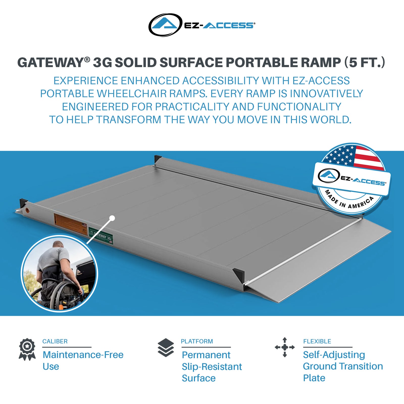 EZ-ACCESS GATEWAY 3G 5 Foot Solid Surface Aluminum Portable Wheelchair Ramp - VMInnovations