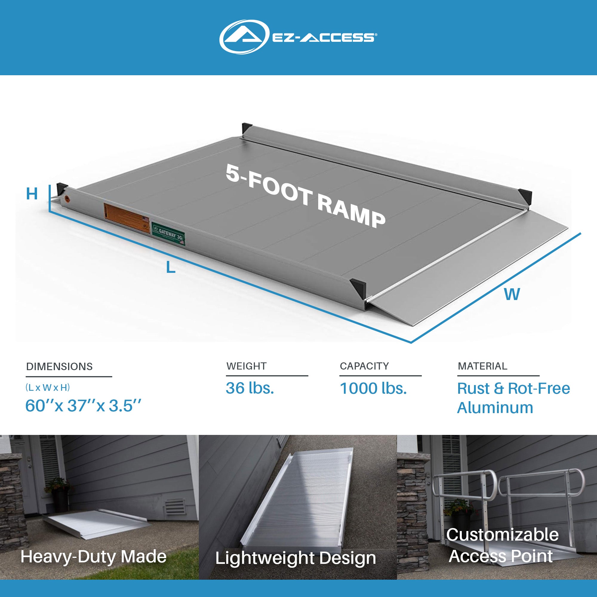 EZ-ACCESS GATEWAY 3G 5 Foot Solid Surface Aluminum Portable Wheelchair Ramp - VMInnovations