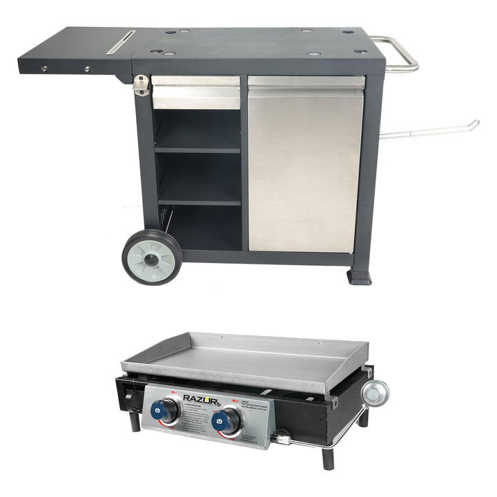 Razor Universal Rolling Prep Cart and 25 Inch Double Burner LP Propane Gas Grill