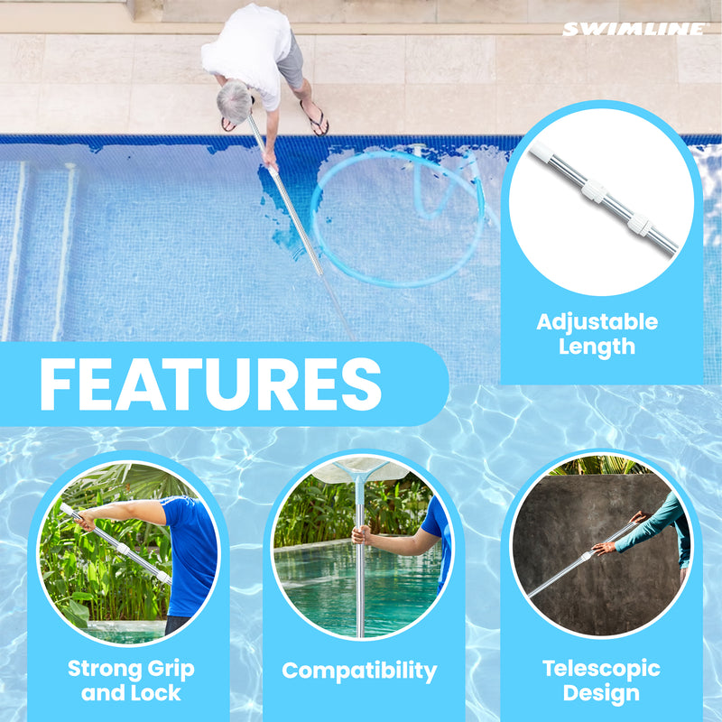 Swimline Hydrotools 3 Piece Telescopic Pole with Locking Cams for Pool Cleaning
