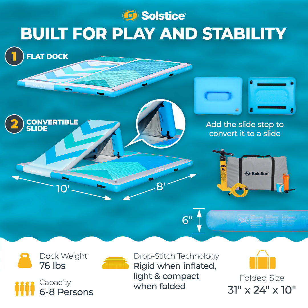 Solstice 10' x 8' Inflatable Convertible Floating Slide Dock with Pump and Bag
