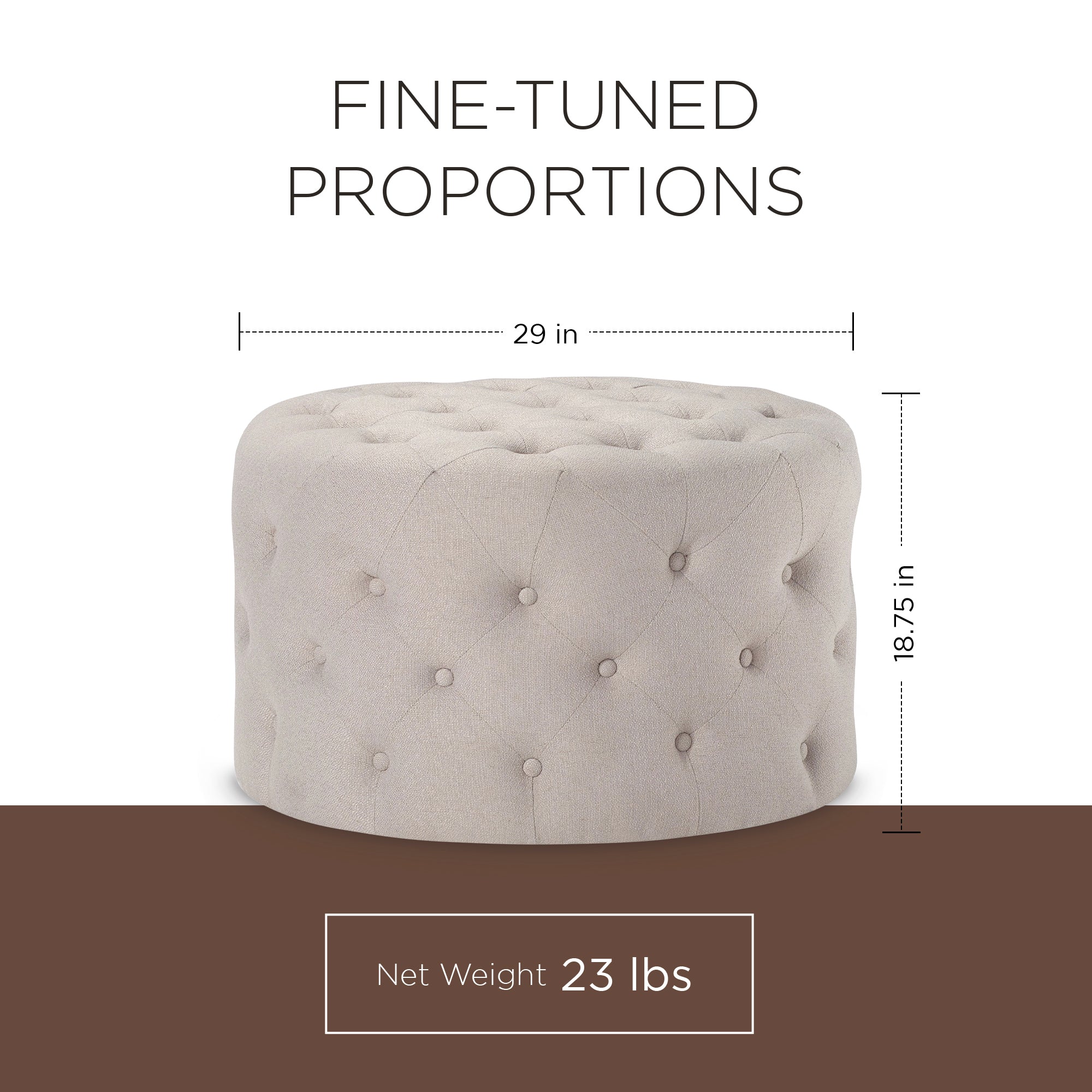 Maven Lane Marcy Traditional Round Ottoman in Dove Fabric Upholstery - VMInnovations