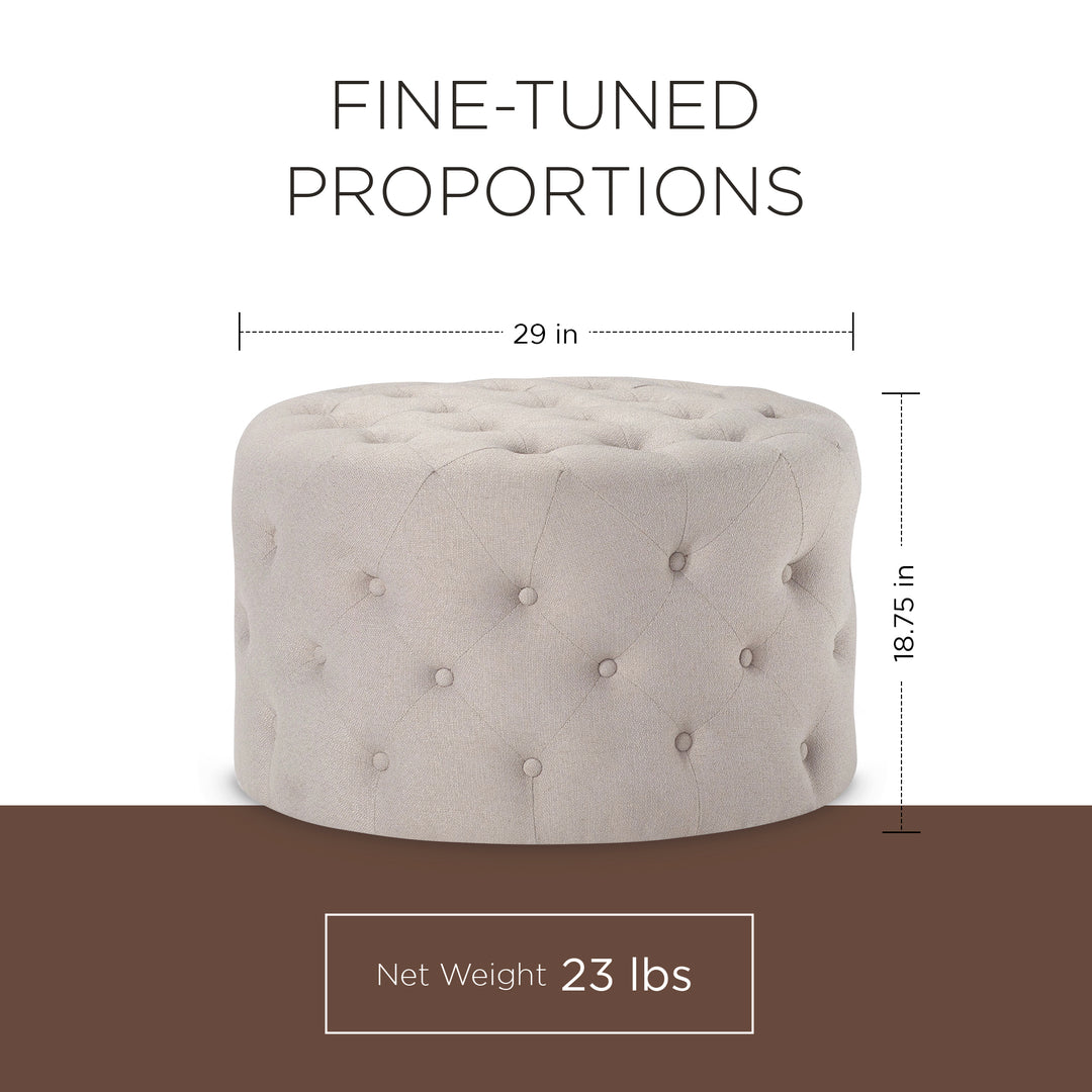 Maven Lane Marcy Traditional Round Ottoman in Dove Fabric Upholstery (Open Box) - VMInnovations