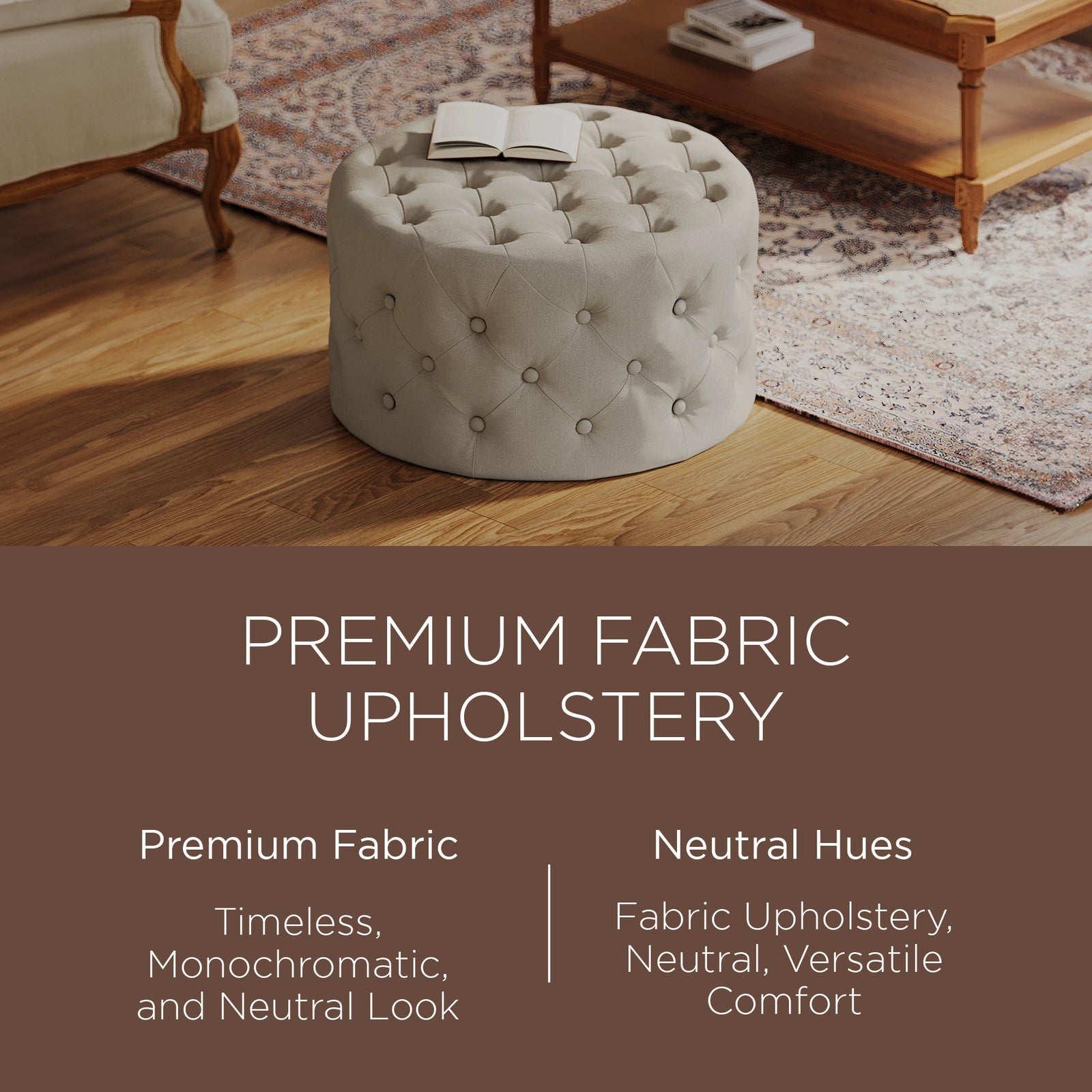 Maven Lane Marcy Traditional Round Ottoman in Dove Fabric Upholstery - VMInnovations