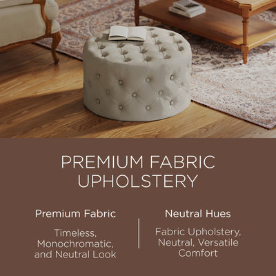 Maven Lane Marcy Traditional Round Ottoman in Dove Fabric Upholstery - VMInnovations