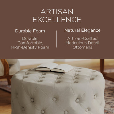 Maven Lane Marcy Traditional Round Ottoman in Dove Fabric Upholstery - VMInnovations