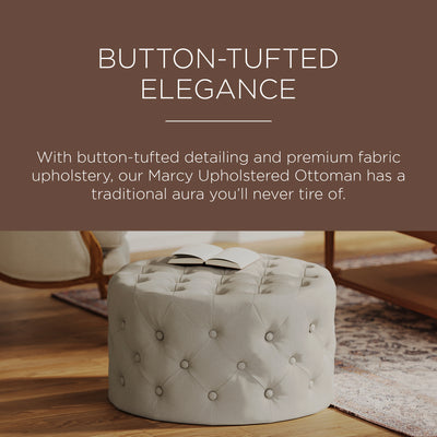 Maven Lane Marcy Traditional Round Ottoman in Dove Fabric Upholstery - VMInnovations