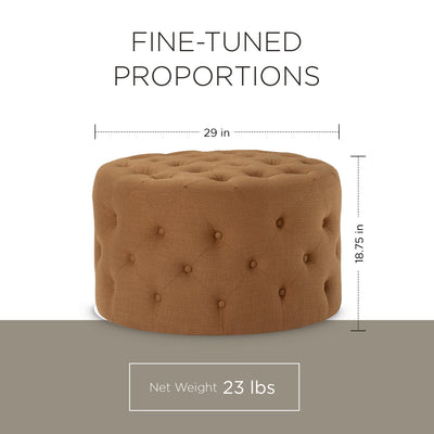 Maven Lane Marcy Traditional Round Ottoman in Clay Fabric Upholstery - VMInnovations