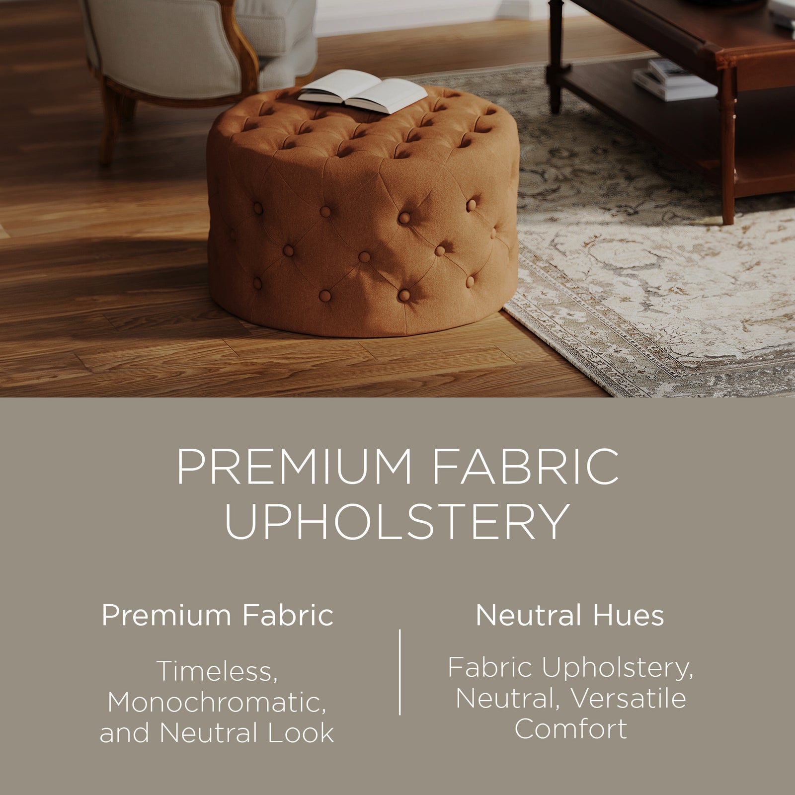 Maven Lane Marcy Traditional Round Ottoman in Clay Fabric Upholstery - VMInnovations