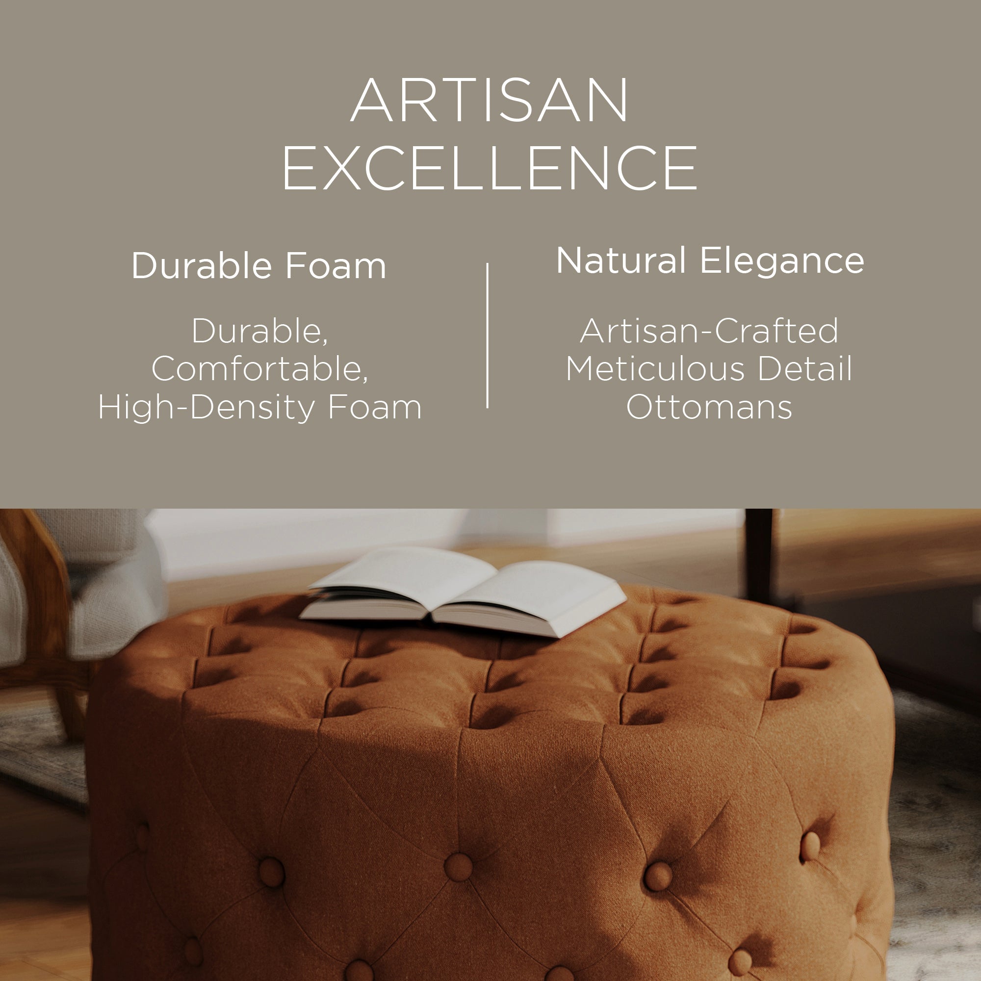 Maven Lane Marcy Traditional Round Ottoman in Clay Fabric Upholstery - VMInnovations
