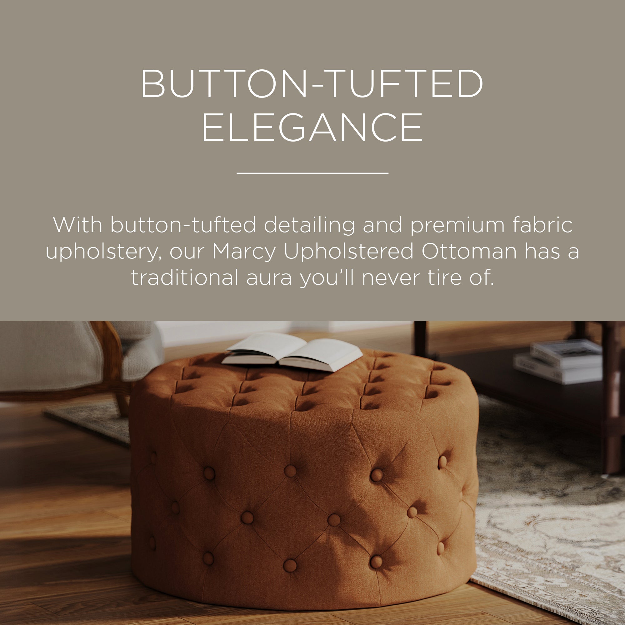 Maven Lane Marcy Traditional Round Ottoman in Clay Fabric Upholstery - VMInnovations
