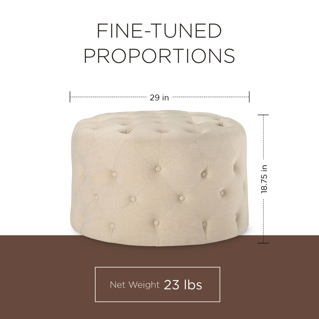 Maven Lane Marcy Traditional Round Ottoman in Taupe Fabric Upholstery (Open Box)