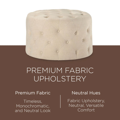Maven Lane Marcy Traditional Round Ottoman in Taupe Fabric Upholstery - VMInnovations