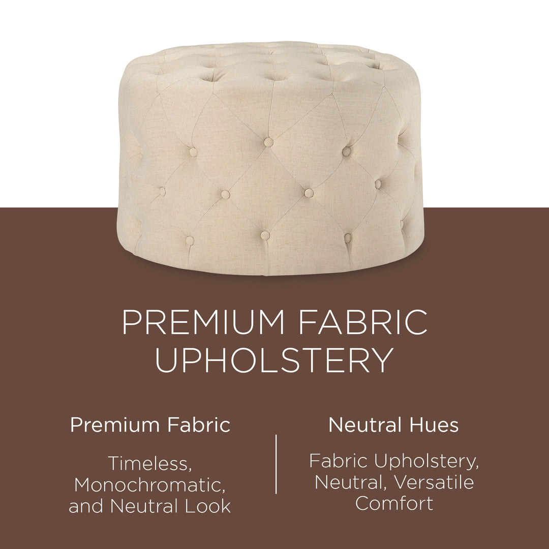 Maven Lane Marcy Traditional Round Ottoman in Taupe Fabric Upholstery (Open Box)