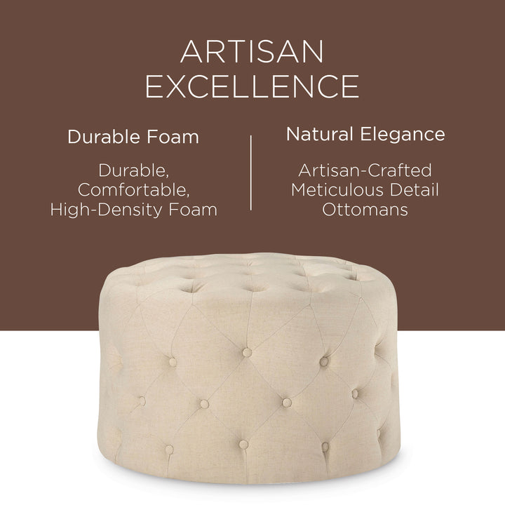 Maven Lane Marcy Traditional Round Ottoman in Taupe Fabric Upholstery (Open Box)